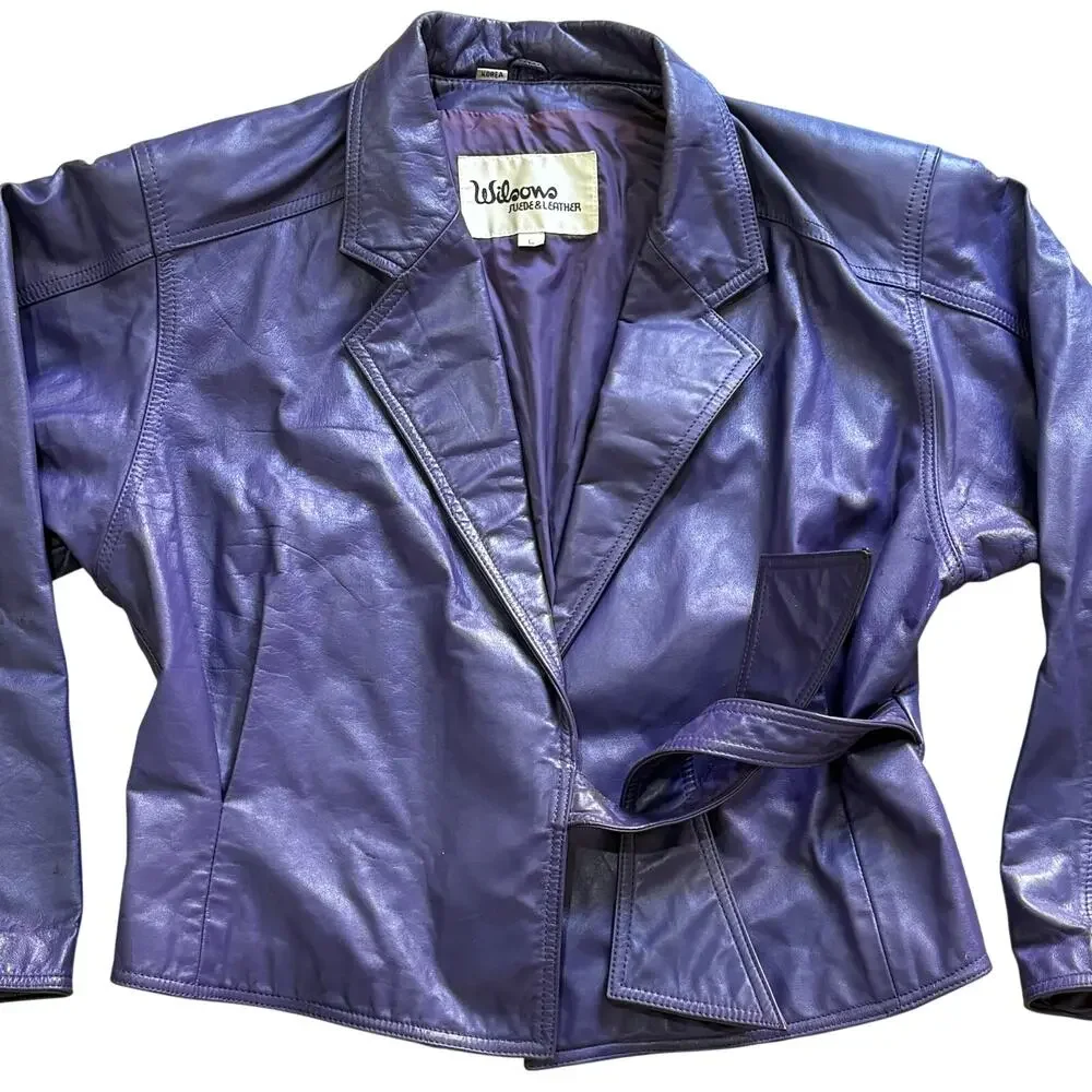 Vintage 80’s Wilsons Leather Women’s Purple Cropped Waist Jacket Tie Belt Large - Picture 2 of 9
